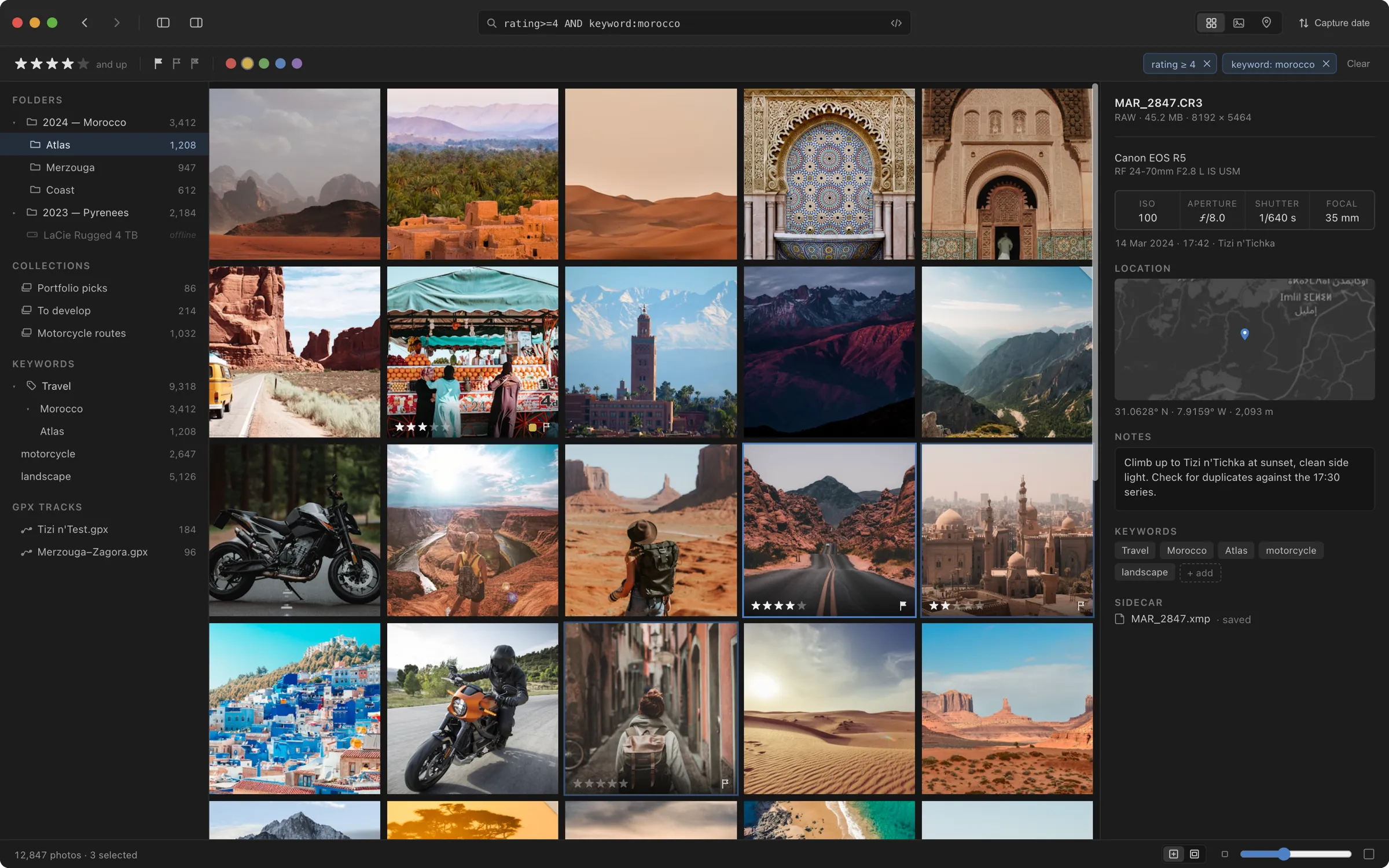 The Negativo library window: a grid of catalogued photos filtered by the query rating>=4 AND keyword:morocco, with folders, collections, keywords and GPX tracks listed down the left and the selected shot's camera settings, location and sidecar file on the right.